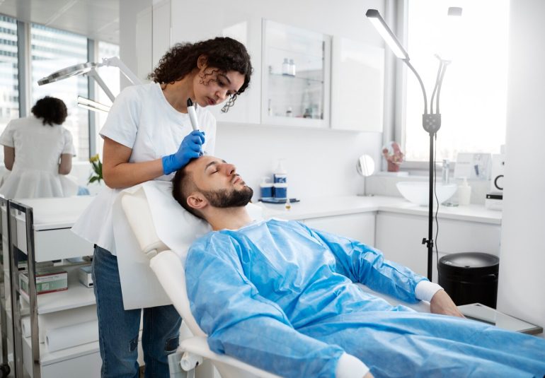 Patient undergoing microneedling procedure